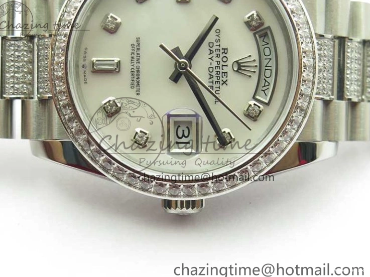 0516 Day-Date 36mm 128239 SS Crystal BP Best Edition White MOP Crystal Marker Dial on SS President Bracelet A MoistureWicking 2682